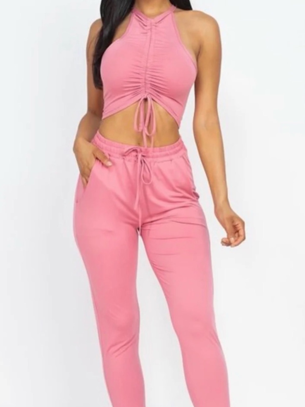 Ruched Halter Crop Top & Drawstring Joggers Set - Pink